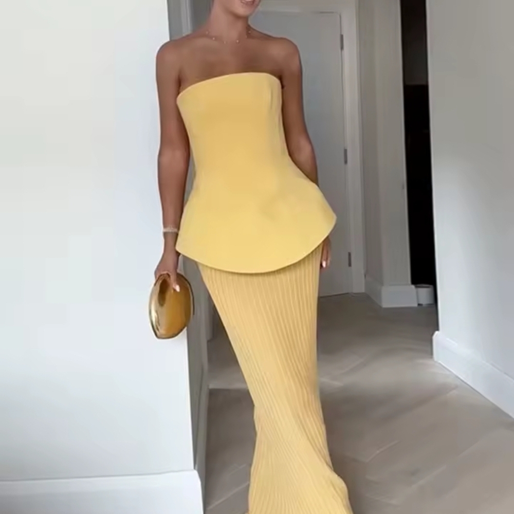 Elegant Yellow Strapless Gown